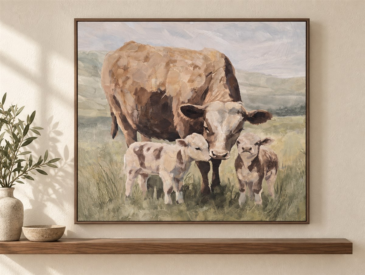 Motherly Love framed cow and calves artwork