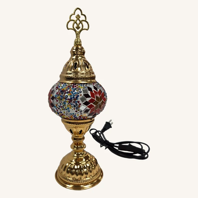 Actual gold/multicolor example of the large assorted mosaic table lamp with its complete finial, base, cord, control and plug