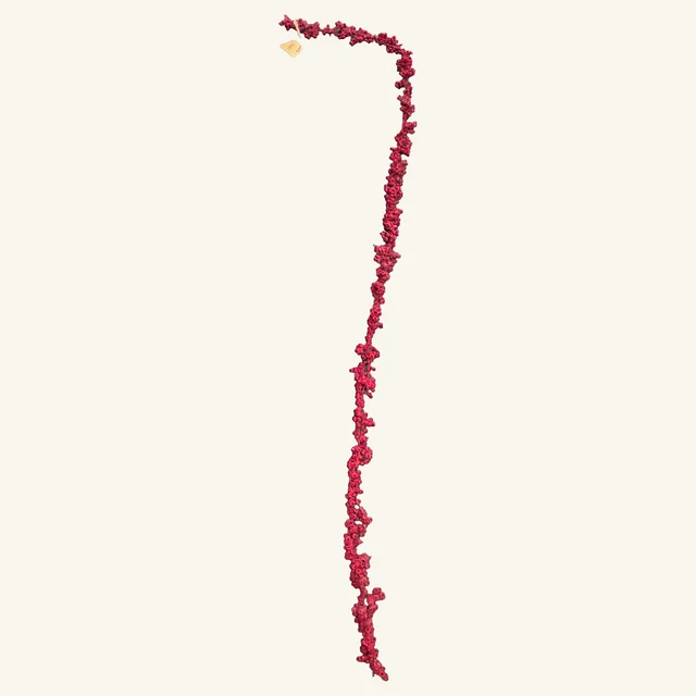Actual complete burgundy flocked foam ball garland with its original clusters, stems, cord and tag