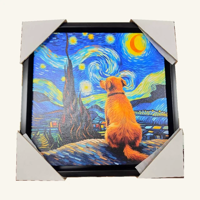 A Story of Stars and Night Winds. A dog gazes into a swirling blue-and-yellow night sky in this colorful, playful scene.