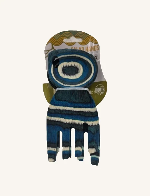 Abyss six-inch wooden salad-hand pair stacked on its original printed card with securing ties and blue, cream and dark grain