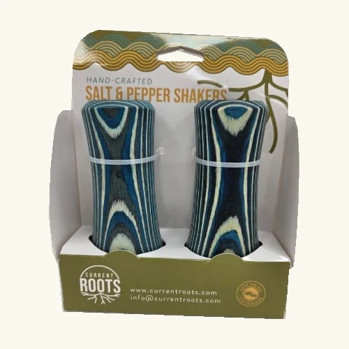 Complete pair of blue black and cream Abyss salt and pepper shakers with original retail holder, backing card and ties
