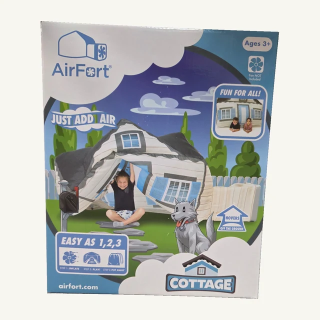 The complete retail box for the AirFort Cottage play fort, with the original cottage artwork and printing preserved.