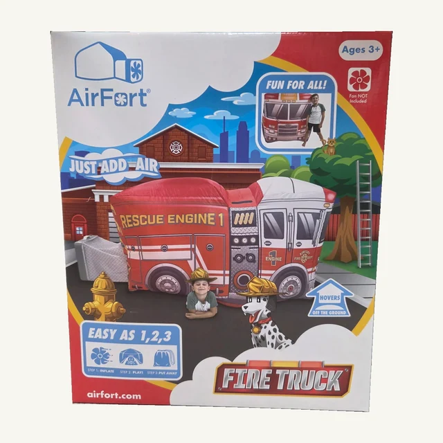 The complete retail box for the AirFort Fire Truck play fort, with the original red rescue truck artwork and printing preserved.