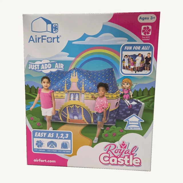 The complete retail box for the AirFort Royal Castle play fort, with the original pink castle design and printing preserved.