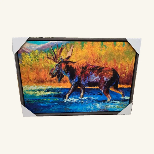 Autumn’s Glimpse Moose. Rich autumn colors and cool blue water surround a wandering moose in this lively wildlife scene.