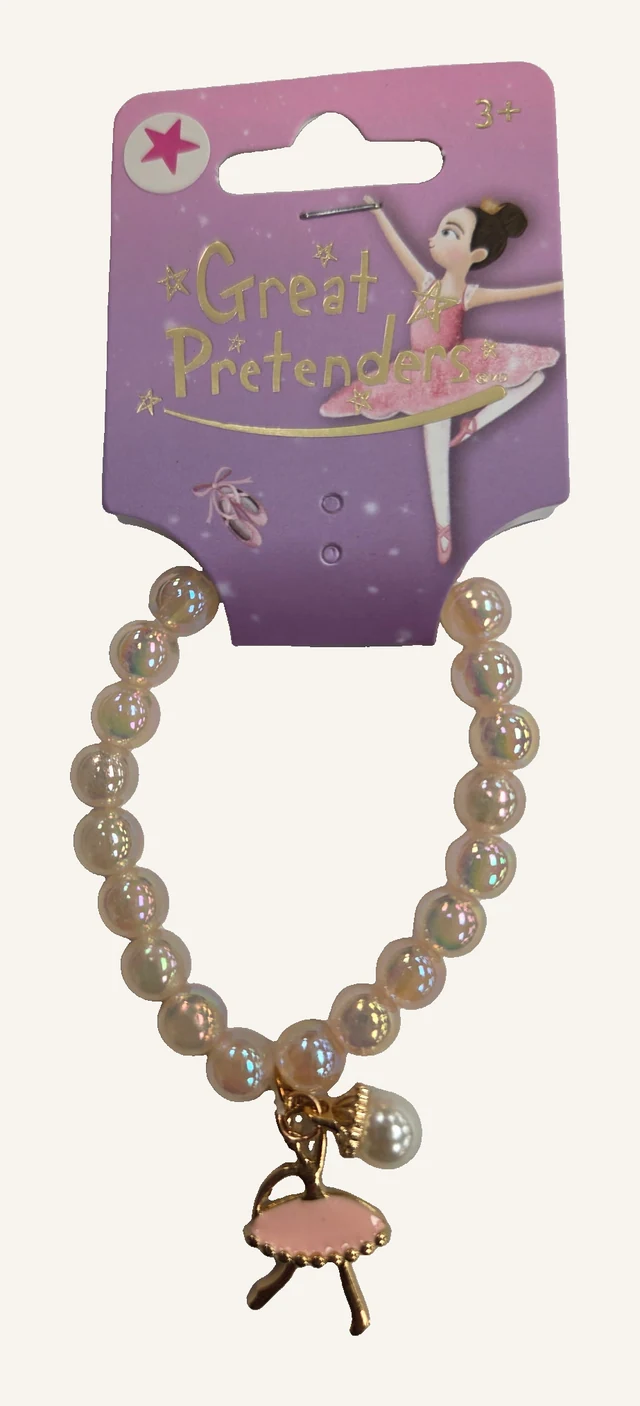 Actual Ballet Beauty bracelet with iridescent peach-toned beads, pearl-like accent and pink dancer charm