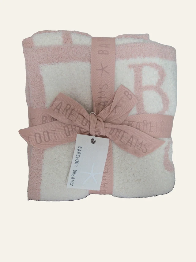 CozyChic ABC Blanket — Dusty Rose & Cream by Barefoot Dreams, genuine folded retail unit with original ribbon and tags.