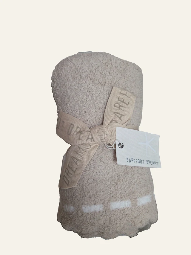 CozyChic Scalloped Horse Receiving Blanket — Stone & White by Barefoot Dreams, genuine folded retail unit with original ribbon and tags.