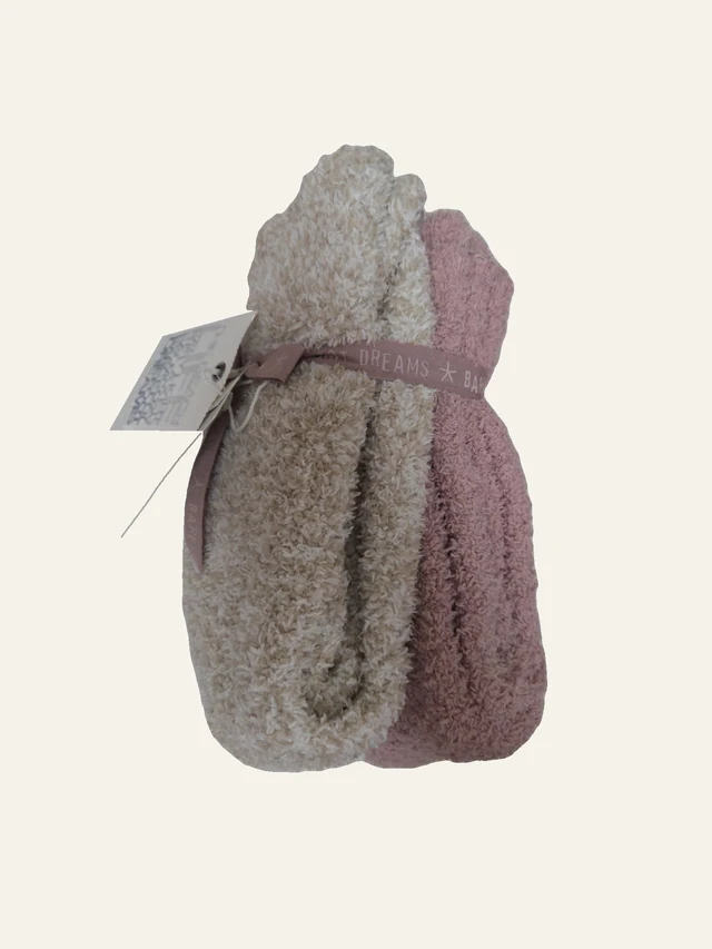 CozyChic Two-Pair Sock Set — Teaberry & Heathered Stone by Barefoot Dreams, genuine folded retail unit with original ribbon and tags.