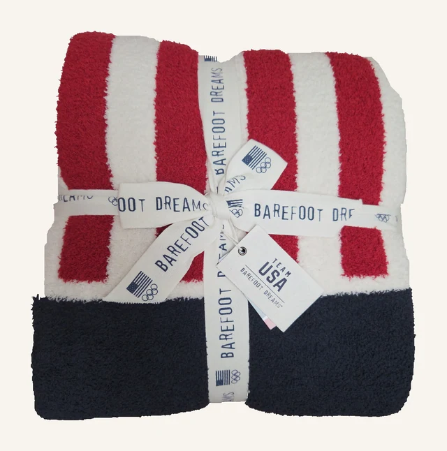 CozyChic Team USA Flag Throw — Indigo Multi by Barefoot Dreams, shown folded with original ribbon and tags