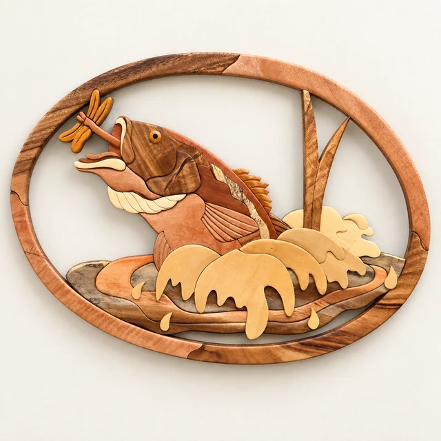 Bass & Dragonfly Wood Wall Hanging