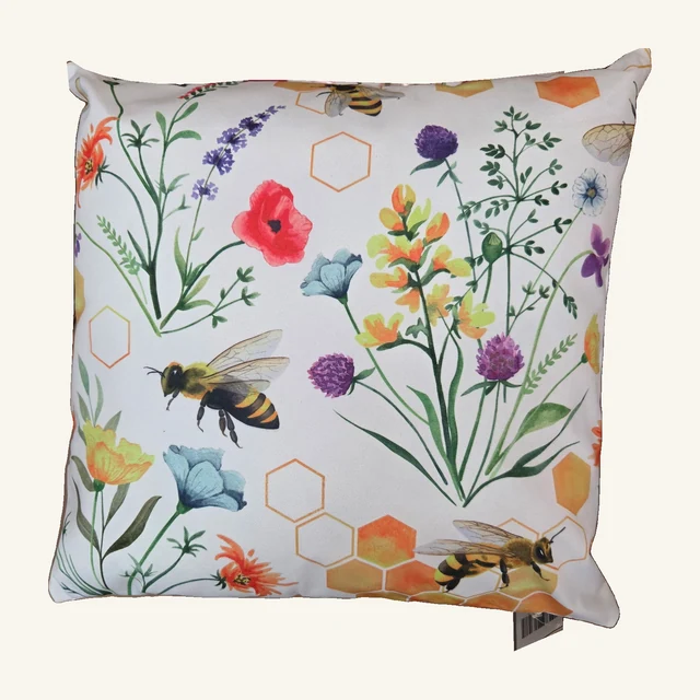 Bee and Wildflower Outdoor Pillow with the photographed fabric pattern and complete pillow visible