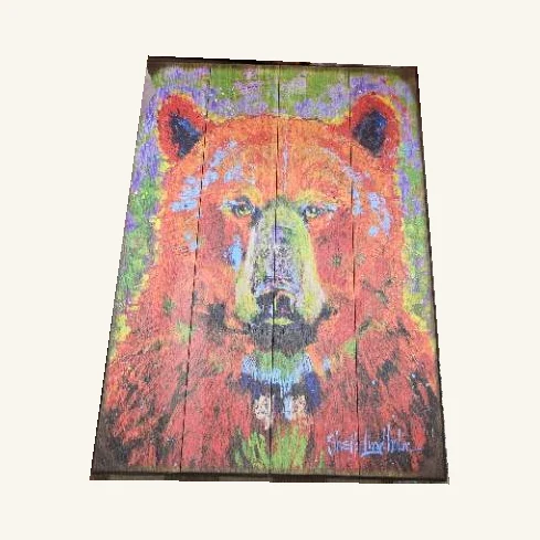 Blaze bear portrait in orange, red, purple and green on a complete wood-plank wall-art piece