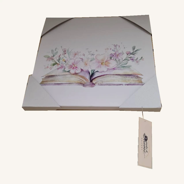 Blooming Pages artwork with its actual protective corner pieces and gallery tag