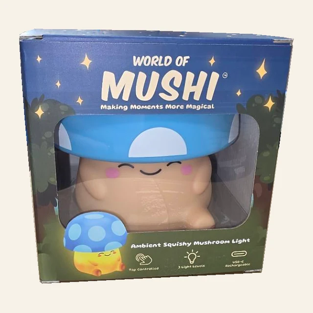 One blue World of Mushi mushroom light visible through the window of its original retail package