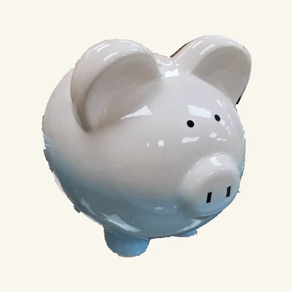 Glossy white piggy bank with a pale-blue ombre lower body