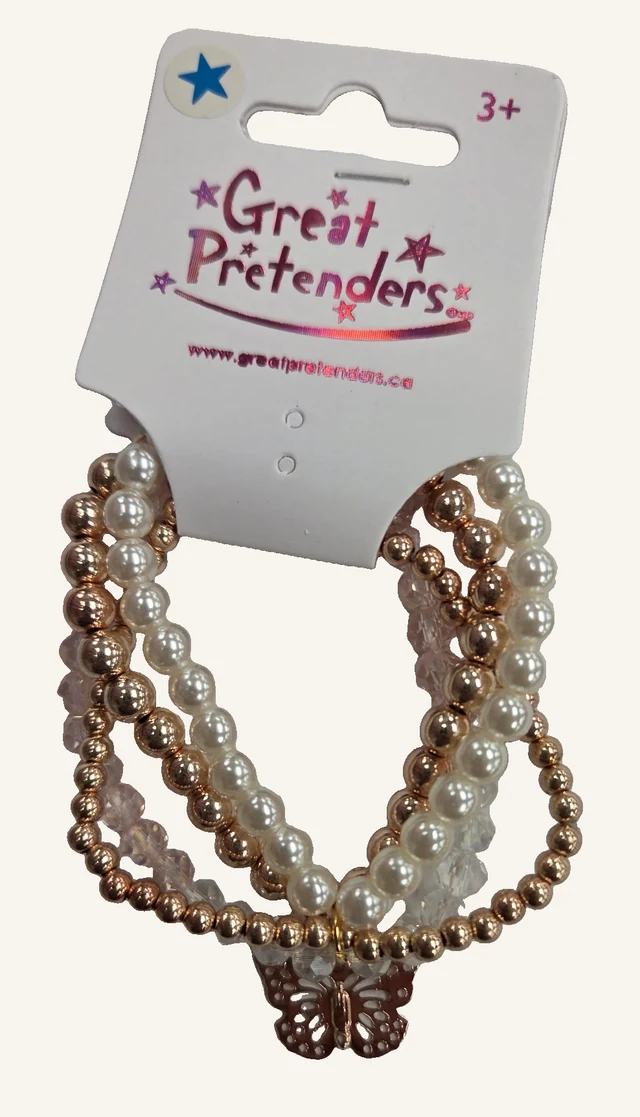 Actual Blush Crush four-bracelet card with pearl-like beads, metallic tones, clear beads and butterfly charm