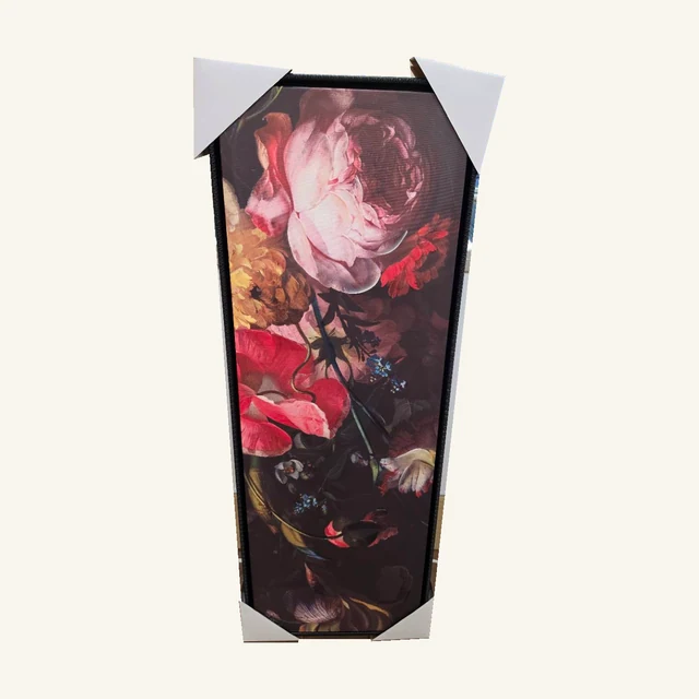 Bouquet Arrangement I. A large pink bloom and layered dark florals create a dramatic vertical accent for a narrow wall.
