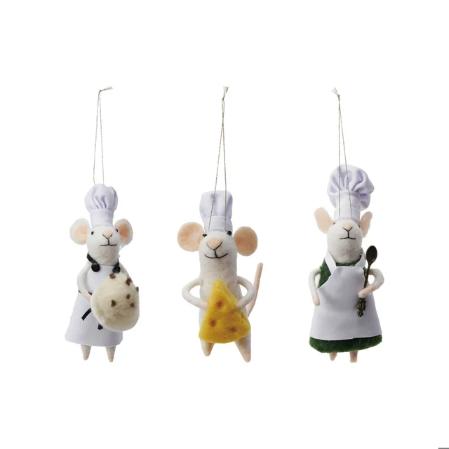Three illustrative chef mouse ornament styles holding a cookie, cheese and spoon on a white background. One ornament sold individually; styles vary.