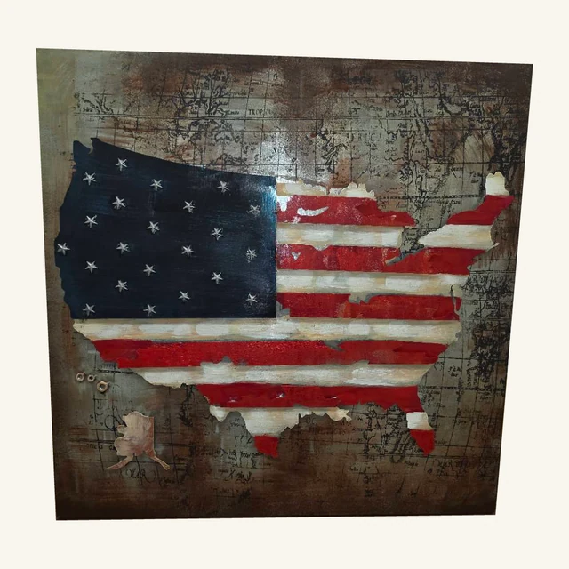 Continental Liberty Flag Map metal wall panel with its original raised flag motif, stars, background map printing and distressed finish