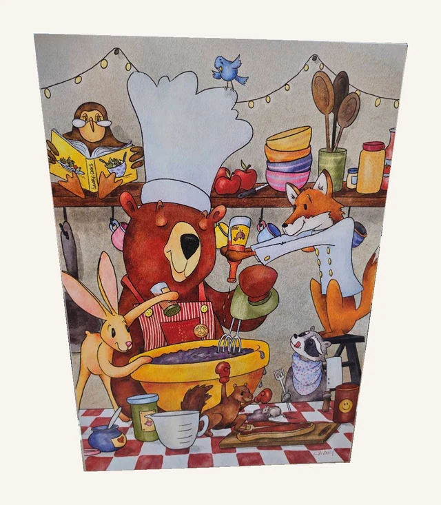 Colorful Cooks in the Kitchen metal box artwork with its complete original printed scene and signature.