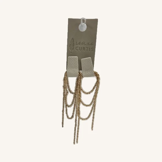 Pair of Darla earrings with cream rectangular tops, layered gold-tone chains, original card and attachment