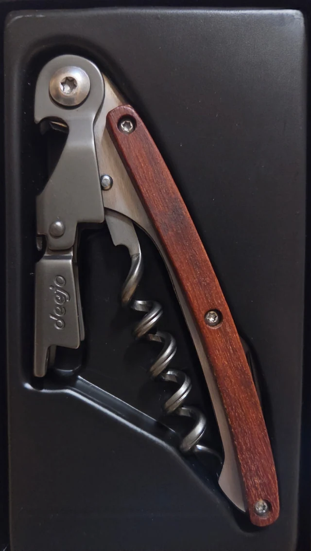 Deejo waiter’s tool with corkscrew and coral-wood handle in its original dark fitted tray