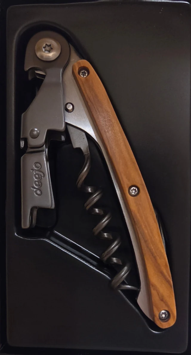 Deejo waiter’s tool with corkscrew and olive-wood handle in its original dark fitted tray