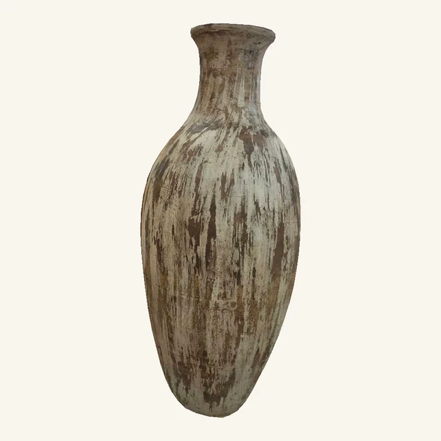Complete tall terracotta vase with its actual irregular cream-and-brown distressed finish, flared neck and narrow base