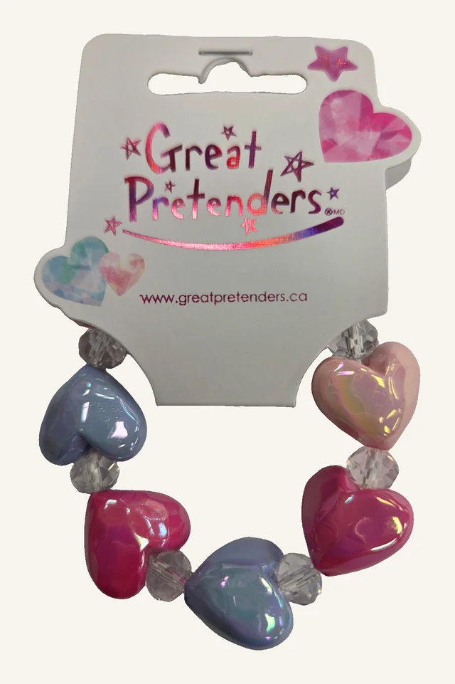 Actual Dreamy Hearts bracelet with pink and blue heart beads and clear faceted accents