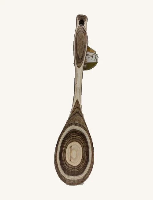 Drift wooden spoon with brown, tan and cream concentric grain, original hanging hole and attached tag