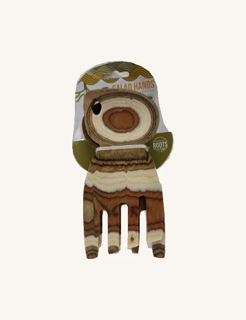 Drift six-inch wooden salad-hand pair stacked on its original printed card with securing ties and brown, tan and cream grain