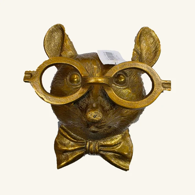 Complete antique-gold Louie wall mount with round glasses, textured face, upright ears, bow tie and original attached tag and string