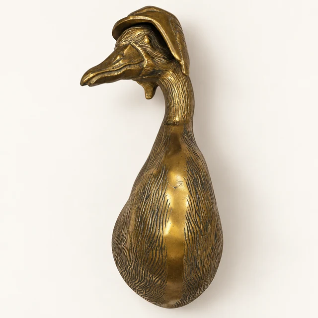 Antique-gold Charlie duck wall mount with a cap, left-facing beak and elongated feathered body