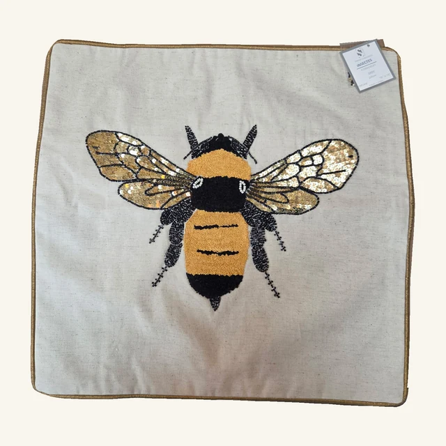 Embroidered Bee Pillow Cover, one flat cover with the complete photographed design and attached tag; insert not included