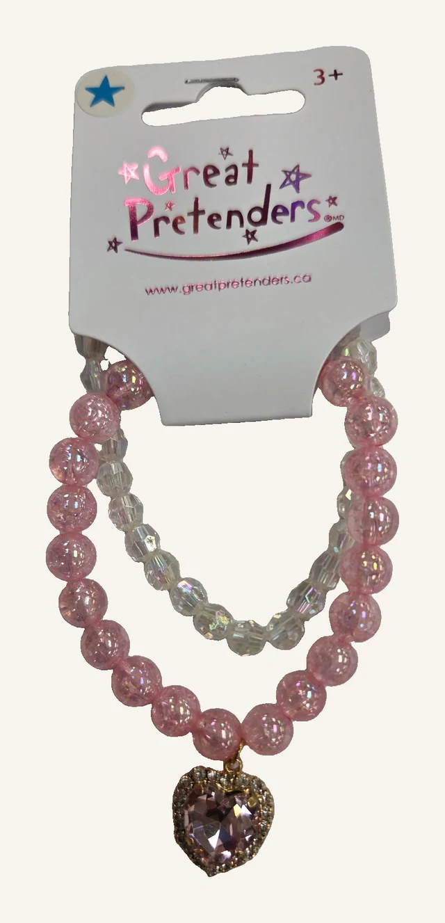 Actual Enchanting Heart bracelet with pink glitter beads, a clear faceted strand and heart charm
