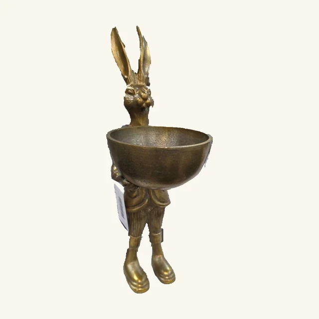 Complete gold-toned Eric rabbit dish stand with long ears, round dish, sculpted outfit, feet and original attached tag