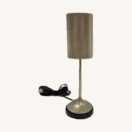 Slim gold rechargeable table light with a cylindrical perforated-metal shade and black base ring; actual charging cable retained