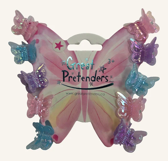 One complete Fancy Flutter card with ten actual pink, blue and purple butterfly mini hair clips.