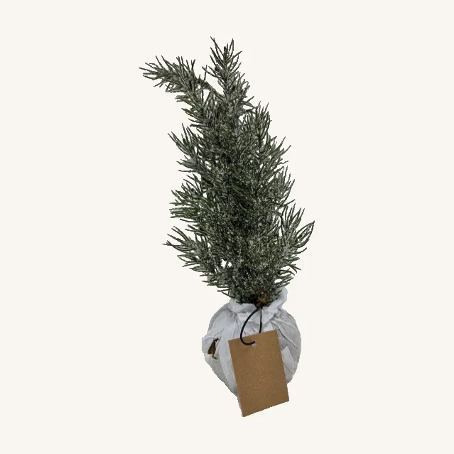 Frost-Finish Faux Fir Tree with Rounded Base. A small faux fir and rounded base bring a woodland touch to a seasonal tabletop display.