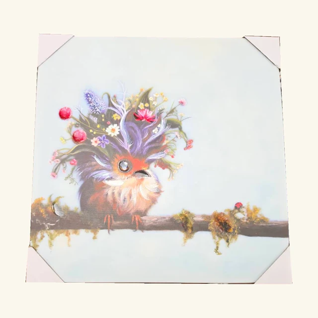 Complete Floriferous I artwork with a side-facing owl, purple floral crest and mossy branch on a pale background, retaining all four original white protective corners