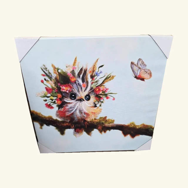 Complete Floriferous II artwork with a front-facing owl, colorful floral crown, mossy branch and butterfly at upper right, retaining all four original white protective corners