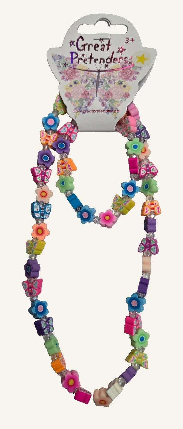 Actual Flutter Flowers necklace and bracelet with colorful flowers, butterflies and clear spacers