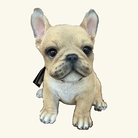 Seated fawn French bulldog puppy figurine with upright ears, a dark wrinkled muzzle, pale chest and its original hang tag.
