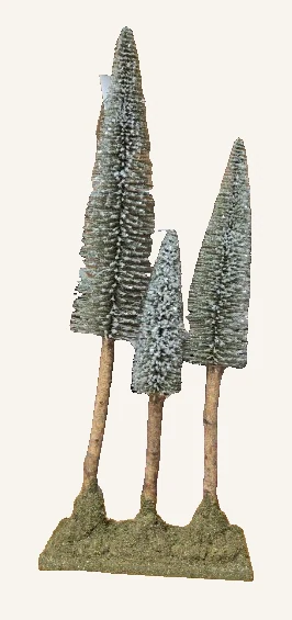 The actual complete display of three frosted green bottlebrush trees on birch wood trunks and a single moss-covered base.