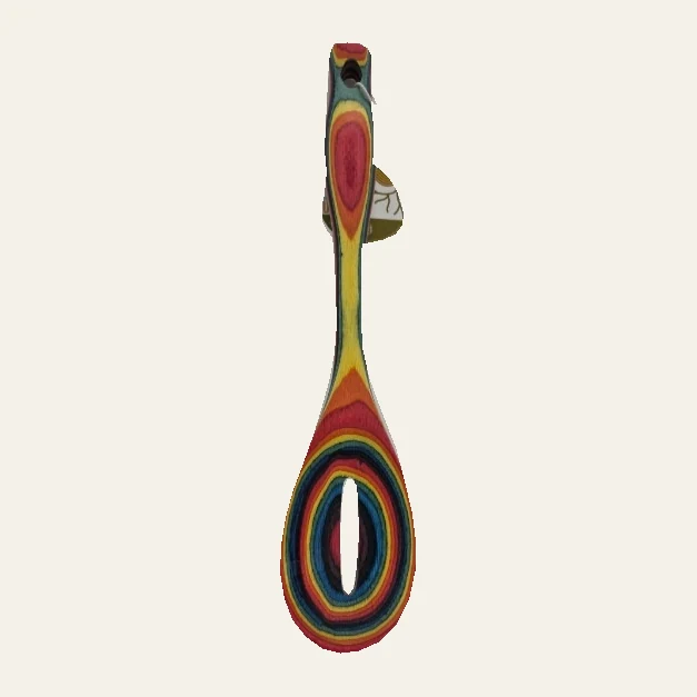 Fusion rainbow-striped slotted spoon with a long central opening and its original attached supplier tag.