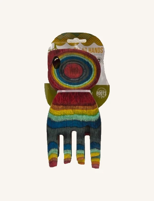 Fusion six-inch wooden salad-hand pair stacked on its original printed card with securing ties and rainbow grain