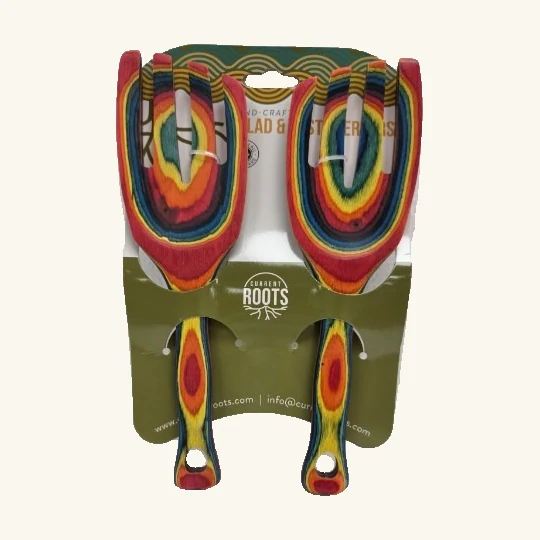 Complete pair of rainbow Fusion salad hands with original display card, ties, forked heads and long handles