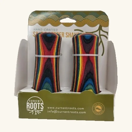 Complete pair of rainbow Fusion salt and pepper shakers in original retail holder with backing card and ties